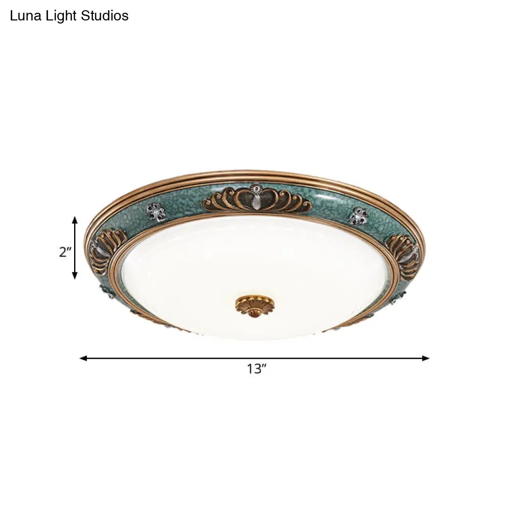 Led Flush Light Fixture With Milky Glass And Traditional Green Crown Design - Wide Sizes Available