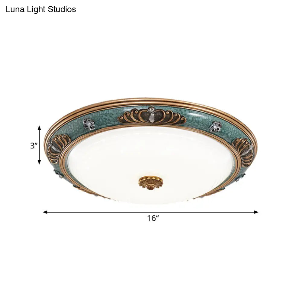 Led Flush Light Fixture With Milky Glass And Traditional Green Crown Design - Wide Sizes Available