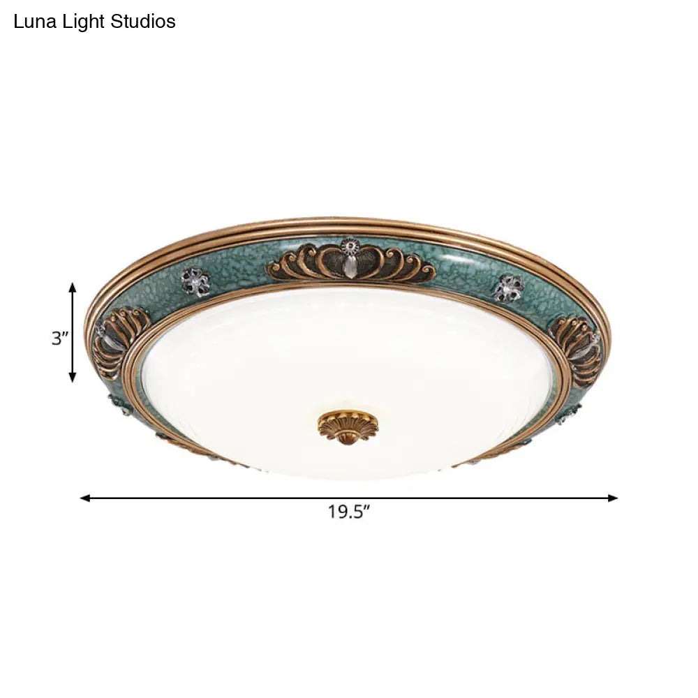 Led Flush Light Fixture With Milky Glass And Traditional Green Crown Design - Wide Sizes Available