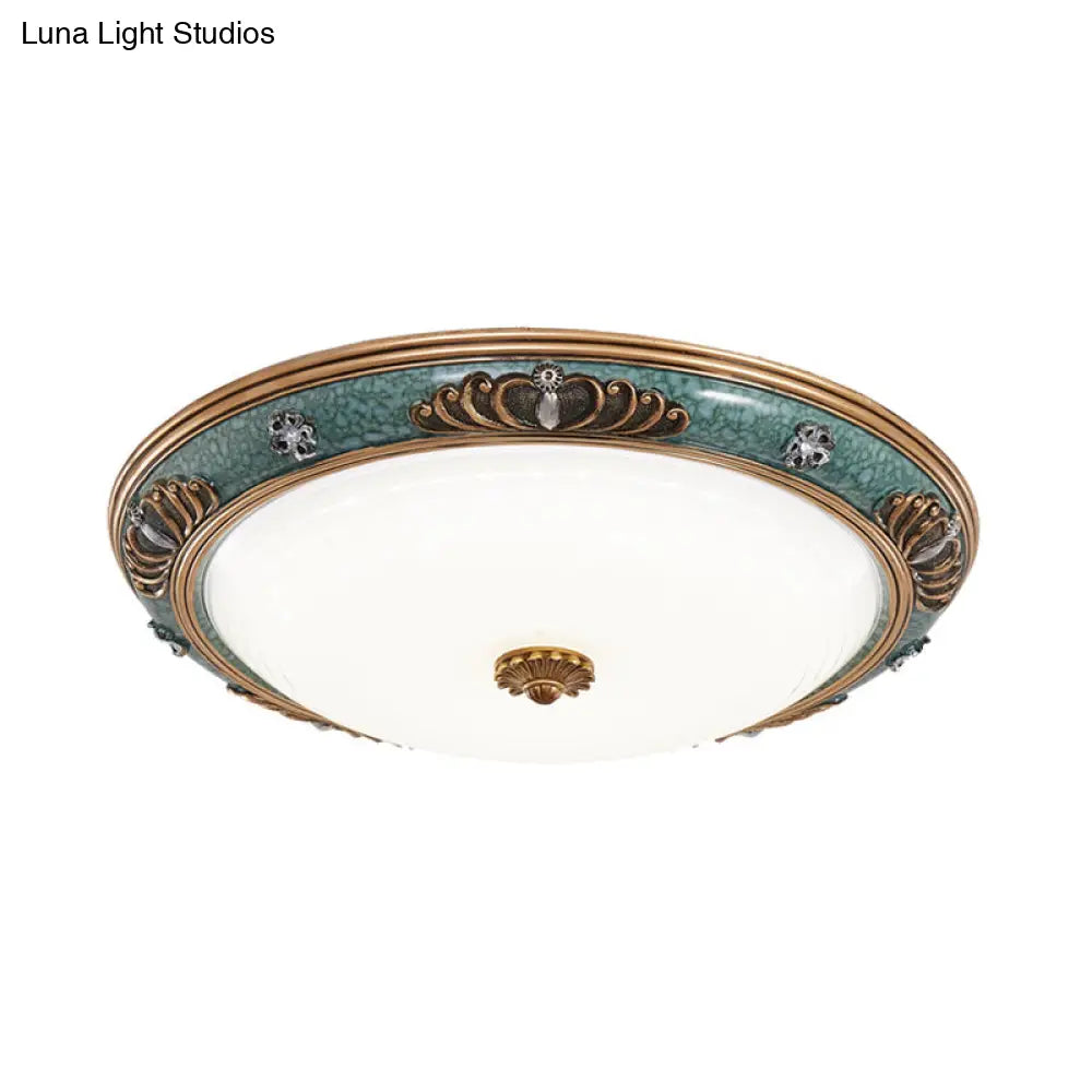 Led Flush Light Fixture With Milky Glass And Traditional Green Crown Design - Wide Sizes Available