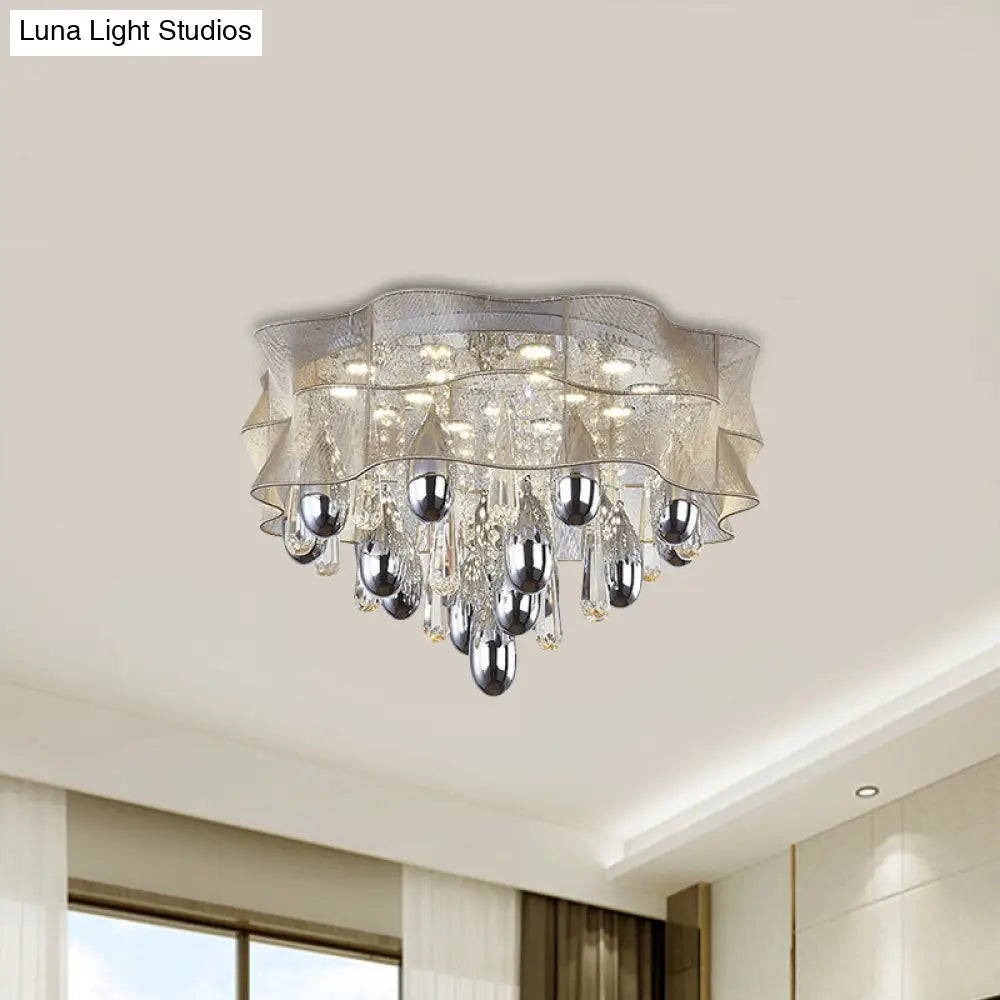 Led Flush Mount Beige Sheer Ceiling Lamp With Crystal Droplet - 20/25.5 Wide