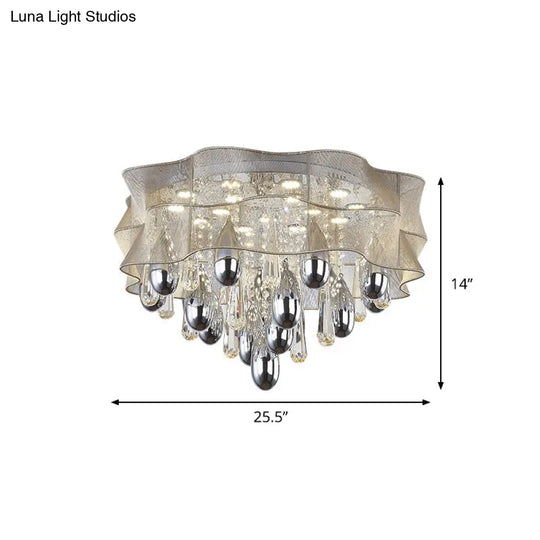 Led Flush Mount Beige Sheer Ceiling Lamp With Crystal Droplet - 20’/25.5’ Wide