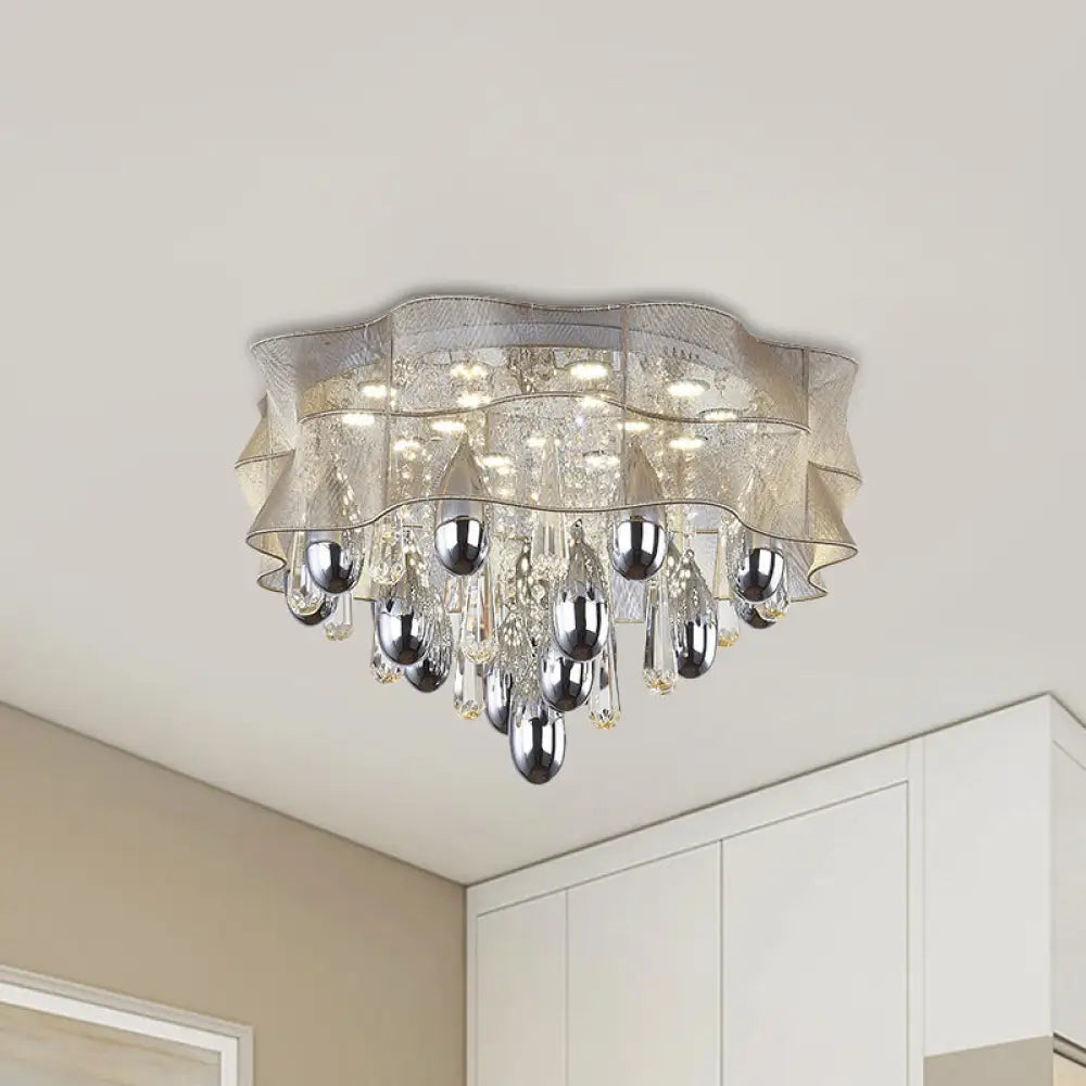 Led Flush Mount Beige Sheer Ceiling Lamp With Crystal Droplet - 20/25.5 Wide