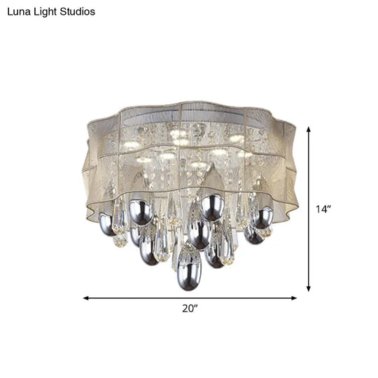 Led Flush Mount Beige Sheer Ceiling Lamp With Crystal Droplet - 20’/25.5’ Wide