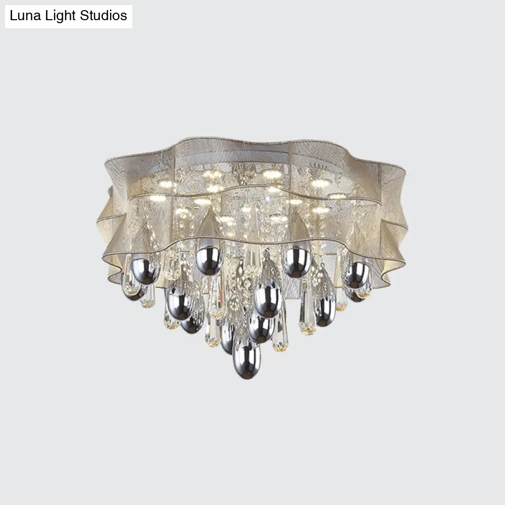 Led Flush Mount Beige Sheer Ceiling Lamp With Crystal Droplet - 20’/25.5’ Wide