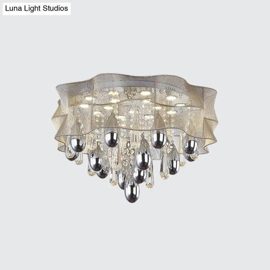 Led Flush Mount Beige Sheer Ceiling Lamp With Crystal Droplet - 20’/25.5’ Wide