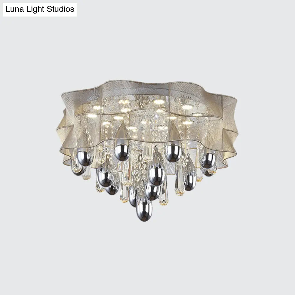 Led Flush Mount Beige Sheer Ceiling Lamp With Crystal Droplet - 20/25.5 Wide