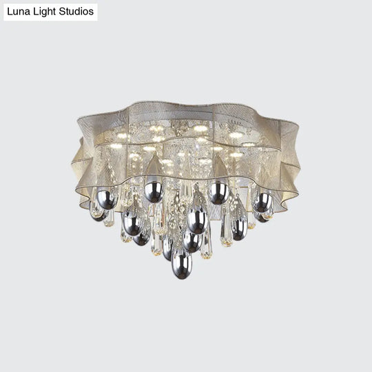 Led Flush Mount Beige Sheer Ceiling Lamp With Crystal Droplet - 20/25.5 Wide