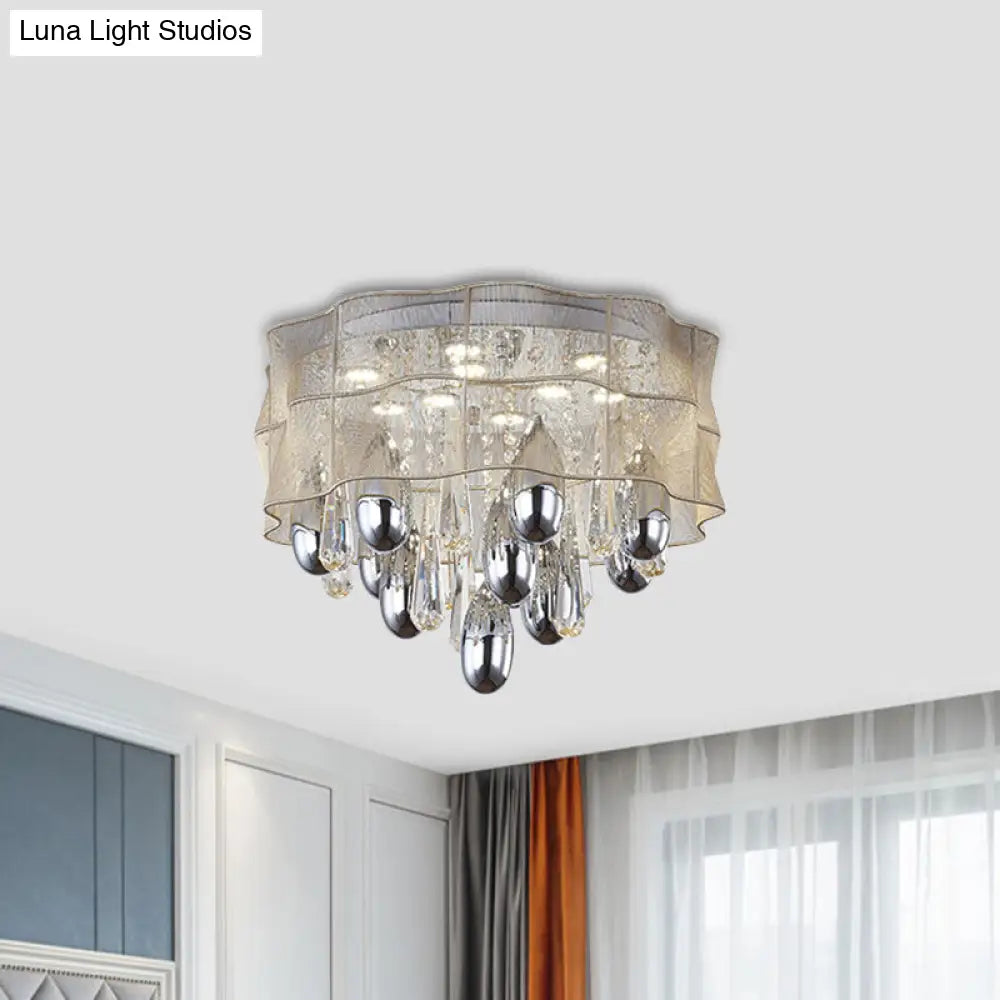 Led Flush Mount Beige Sheer Ceiling Lamp With Crystal Droplet - 20/25.5 Wide / 20