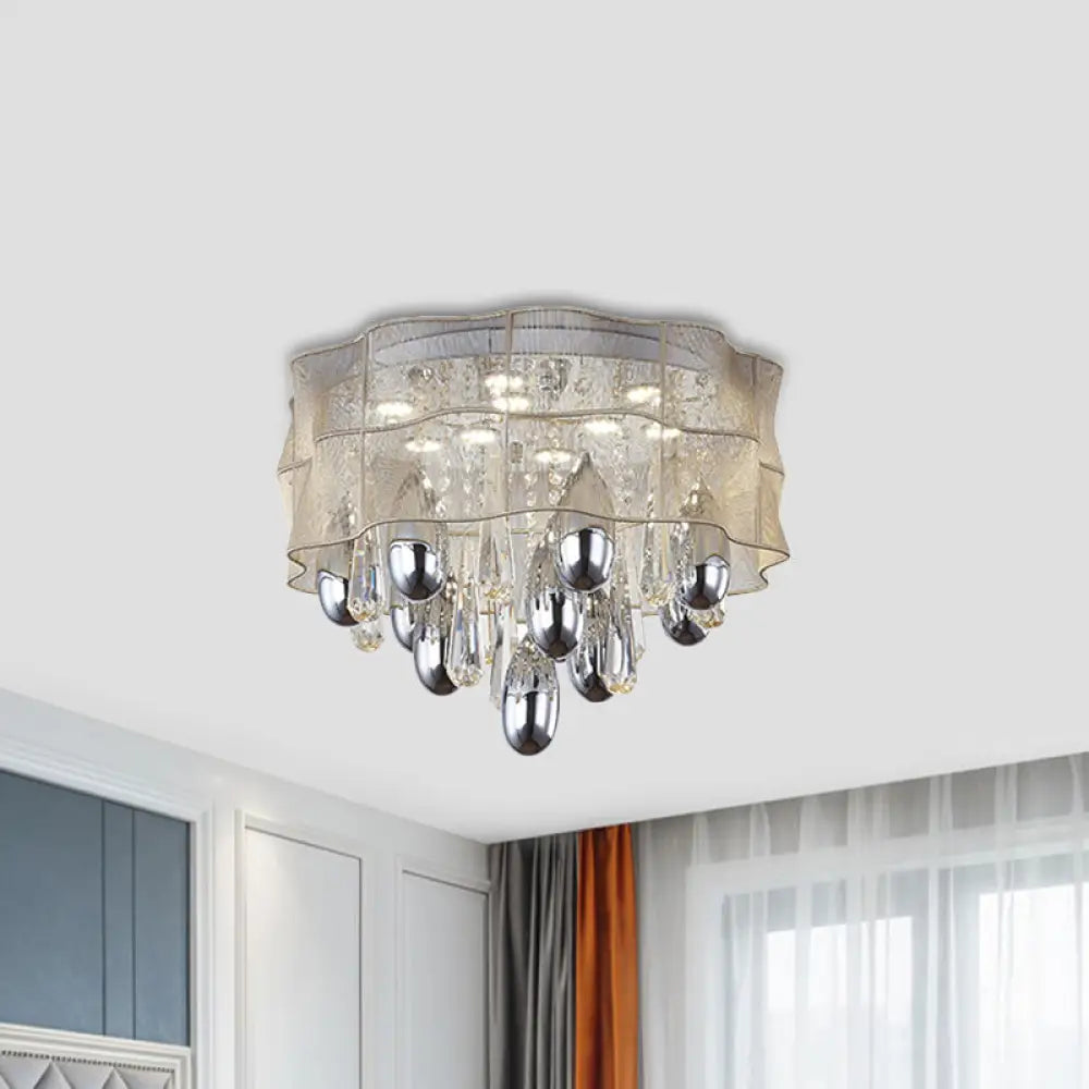 Led Flush Mount Beige Sheer Ceiling Lamp With Crystal Droplet - 20’/25.5’ Wide / 20’