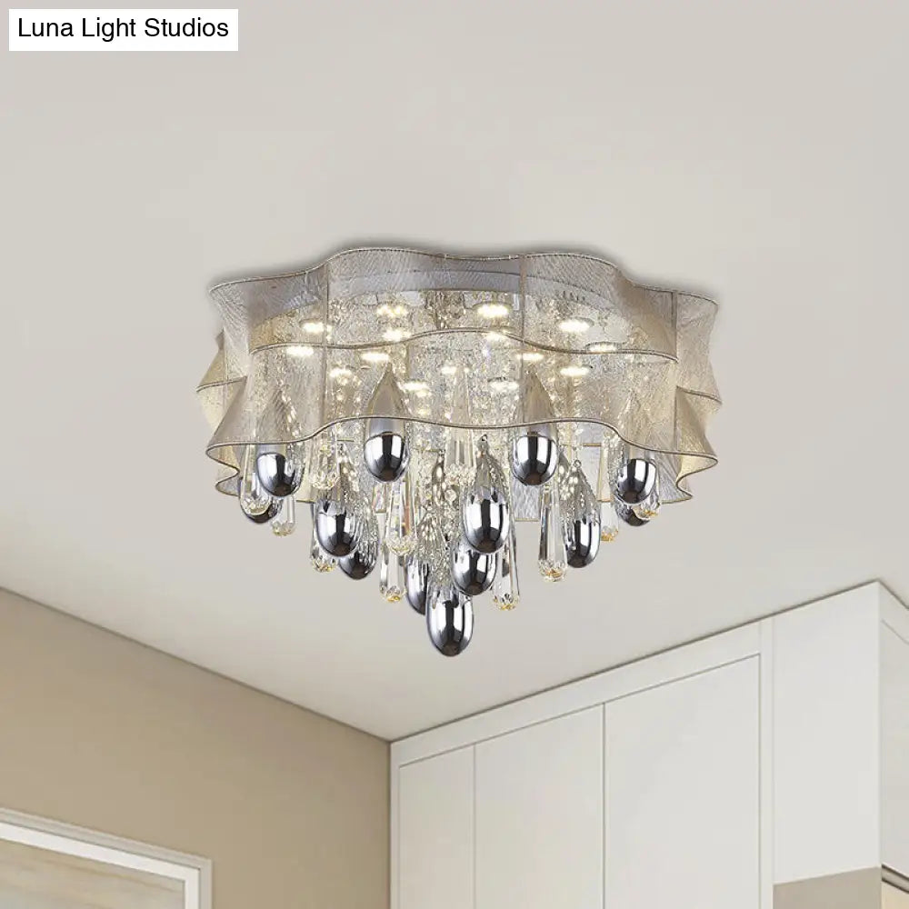 Led Flush Mount Beige Sheer Ceiling Lamp With Crystal Droplet - 20/25.5 Wide / 25.5