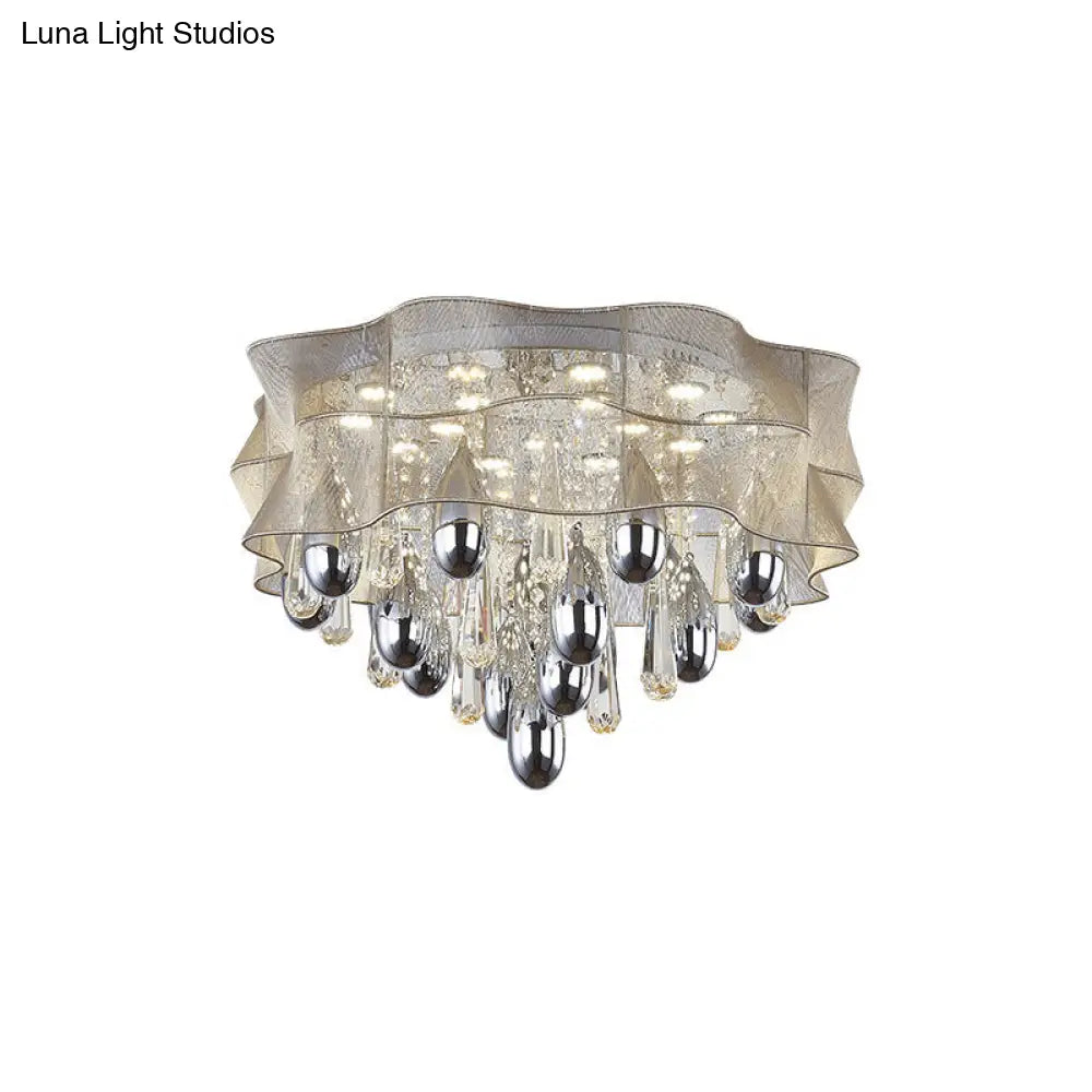 Led Flush Mount Beige Sheer Ceiling Lamp With Crystal Droplet - 20’/25.5’ Wide