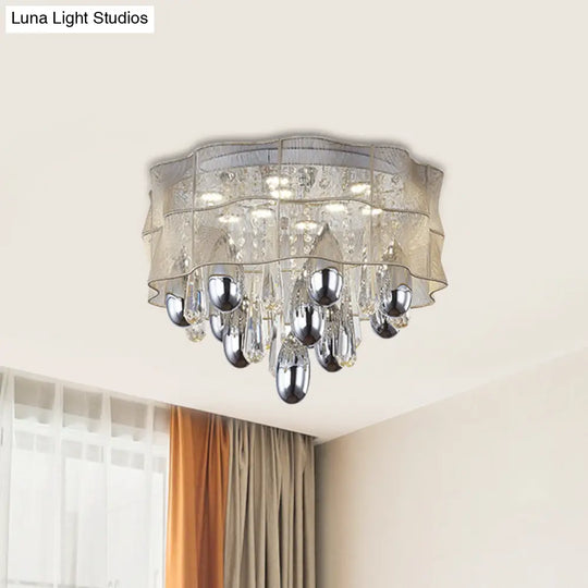 Led Flush Mount Beige Sheer Ceiling Lamp With Crystal Droplet - 20’/25.5’ Wide