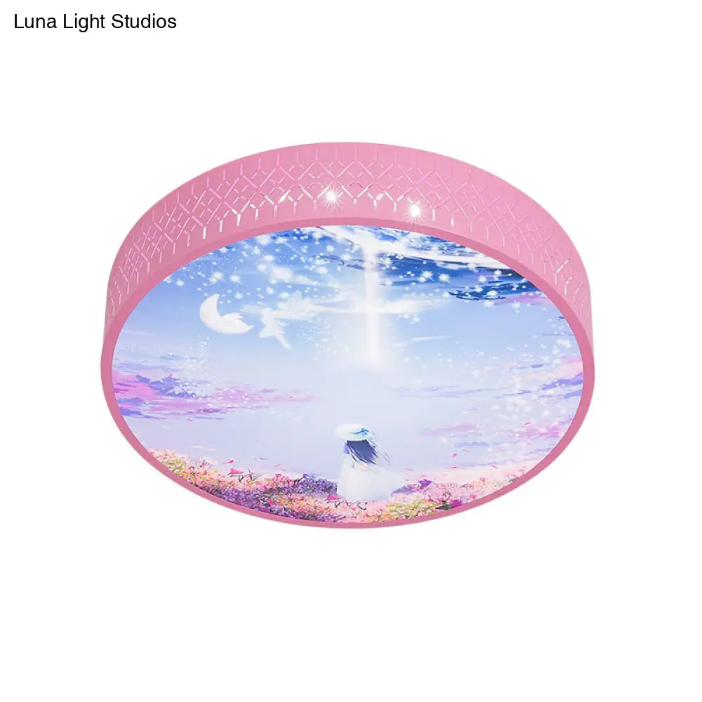 Led Flush - Mount Ceiling Light: Pink Girl Under Starry Sky Design With Acrylic Shade And Laser Cut