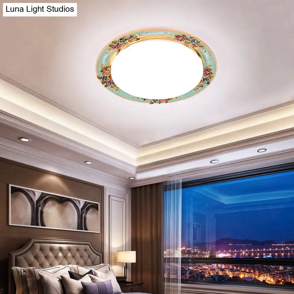 Led Flush Mount Ceiling Light - Traditional Grey/Red/Green With Round Resin Shade Bedroom Lighting