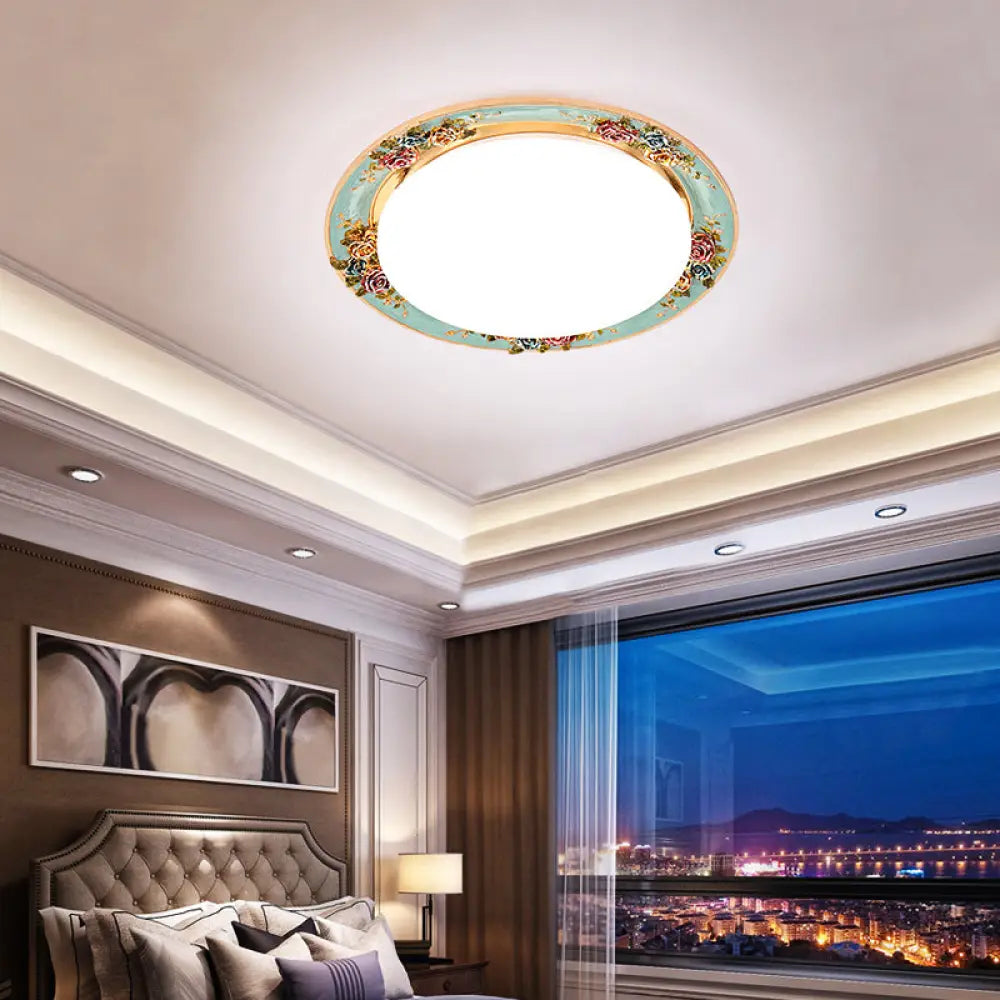 Led Flush Mount Ceiling Light - Traditional Grey/Red/Green With Round Resin Shade Bedroom Lighting