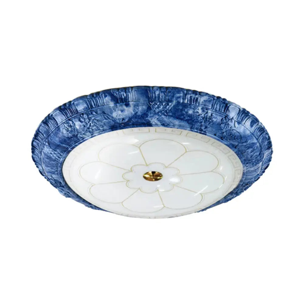 Led Flush Mount Ceiling Light - White Glass Blue Pattern Retro Style 14’ / 16’ 19.5’ Wide