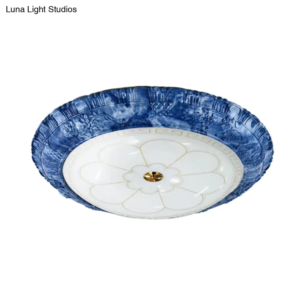 Led Flush Mount Ceiling Light - White Glass Blue Pattern Retro Style 14 / 16 19.5 Wide