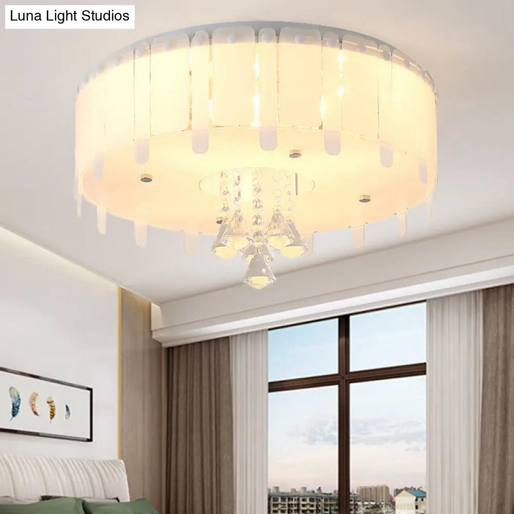 Led Flush Mount Ceiling Light With Crystal Drop And White Glass Shade - Simple Style 19.5/23.5 Wide