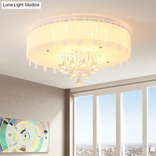 Led Flush Mount Ceiling Light With Crystal Drop And White Glass Shade - Simple Style 19.5/23.5 Wide