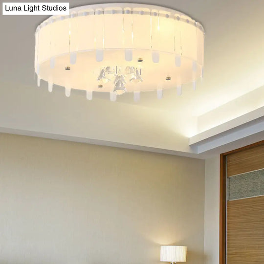 Led Flush Mount Ceiling Light With Crystal Drop And White Glass Shade - Simple Style