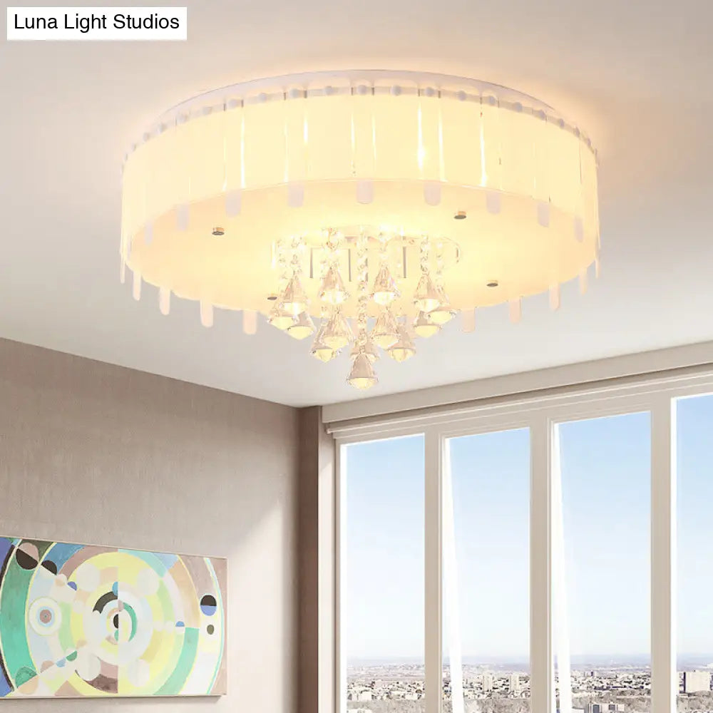 Led Flush Mount Ceiling Light With Crystal Drop And White Glass Shade - Simple Style