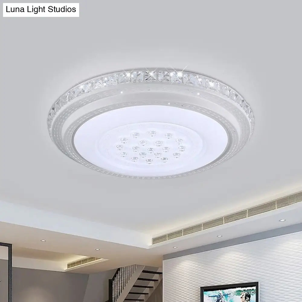 Led Flush Mount Chrome Circle Ceiling Lamp With Crystal Block Shade - Minimalist Design