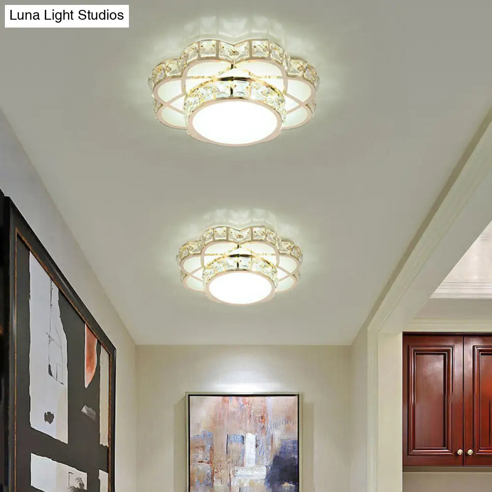Led Flush-Mount Flower Ceiling Light With Gold Finish & Clear Crystal Shade - Modernist Design /