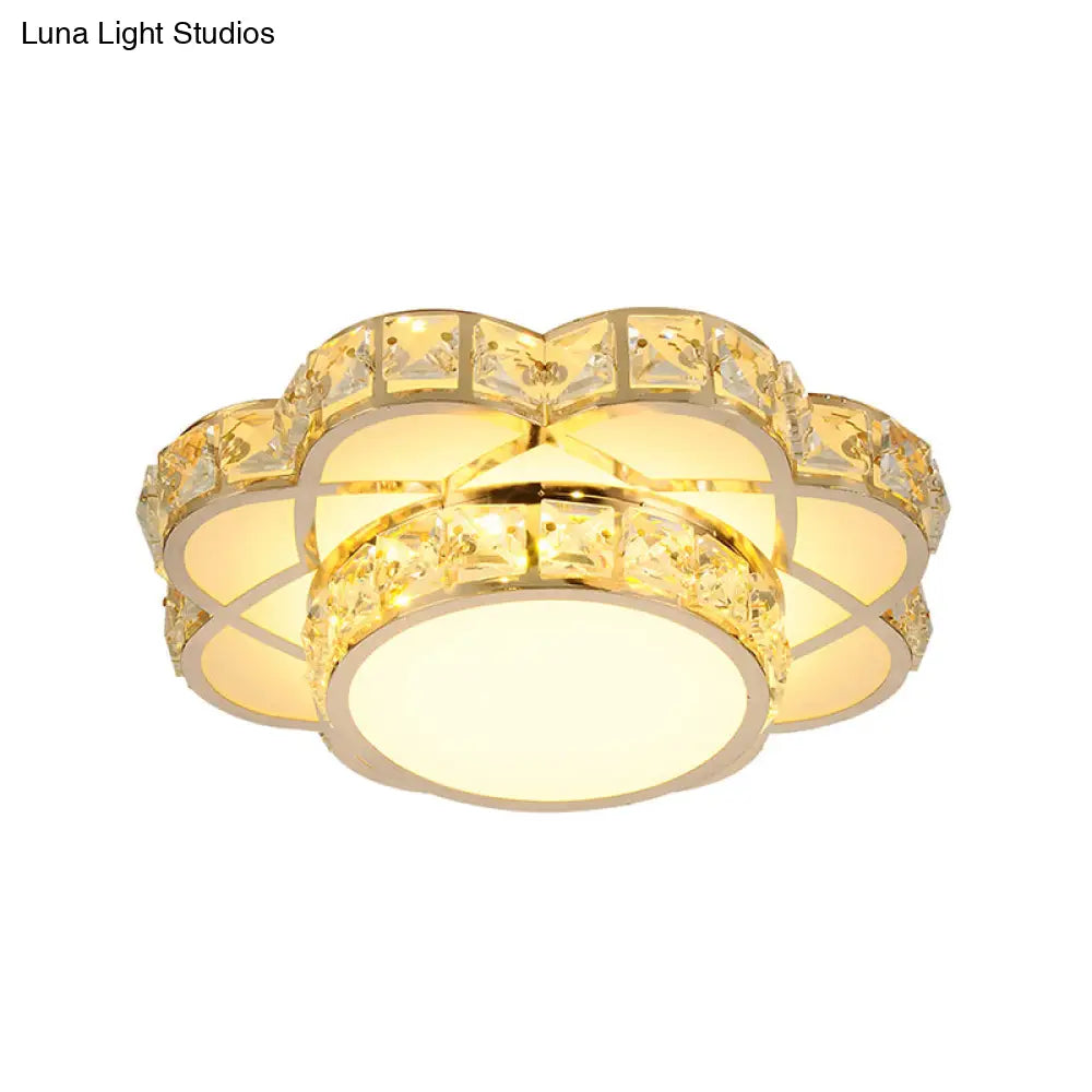 Led Flush-Mount Flower Ceiling Light With Gold Finish & Clear Crystal Shade - Modernist Design