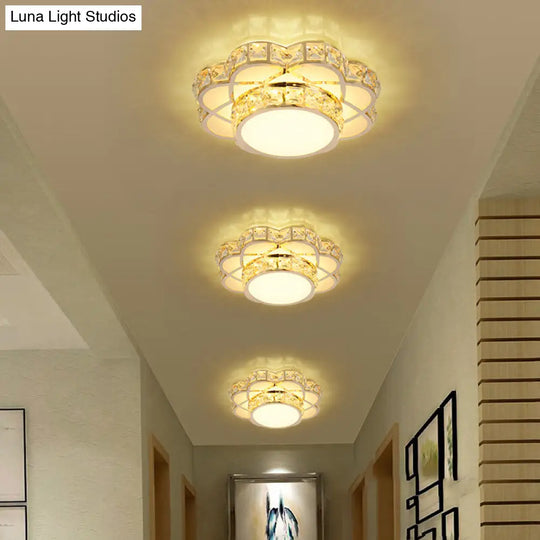 Led Flush-Mount Flower Ceiling Light With Gold Finish & Clear Crystal Shade - Modernist Design /