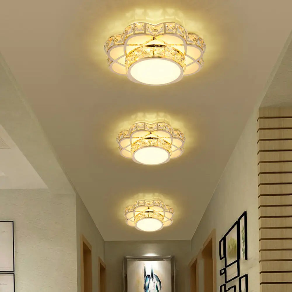 Led Flush - Mount Flower Ceiling Light With Gold Finish & Clear Crystal Shade - Modernist Design /