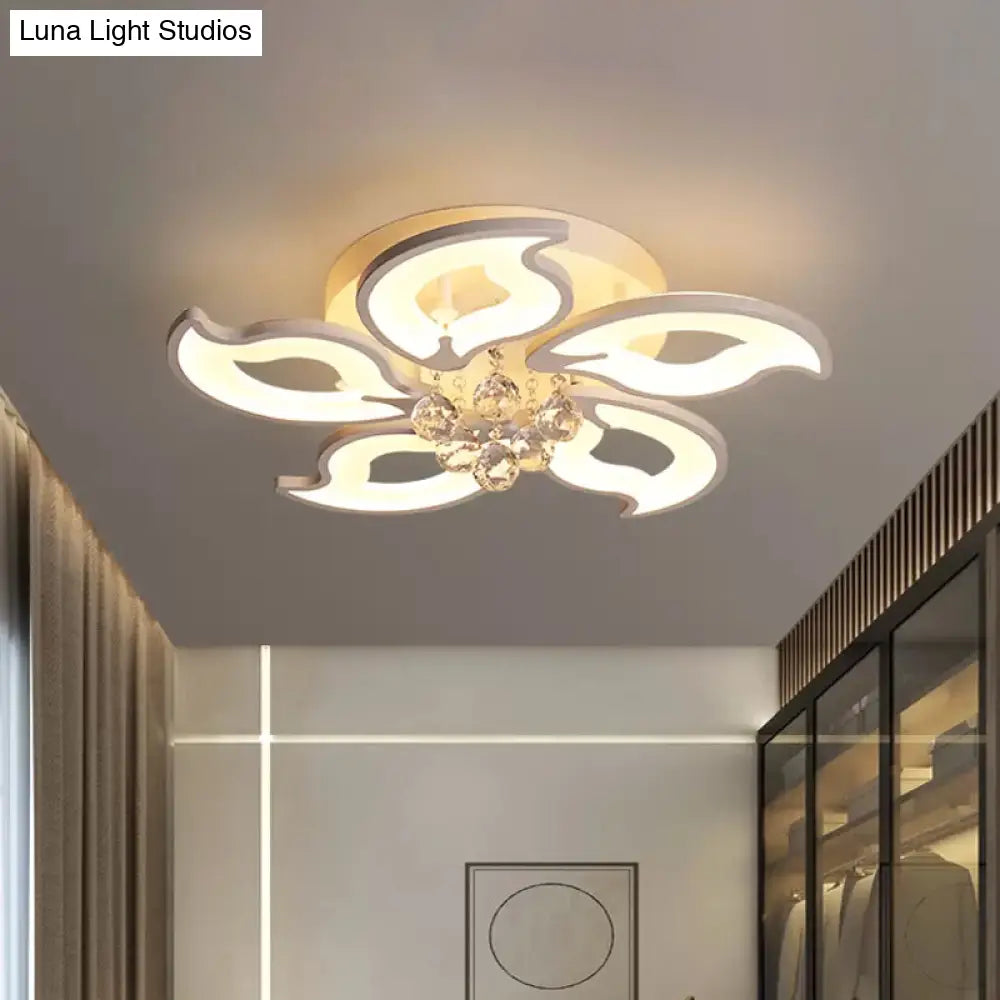 Led Flush Mount Flower Crystal Ceiling Light With Acrylic Shade - Modern & Elegant White Fixture