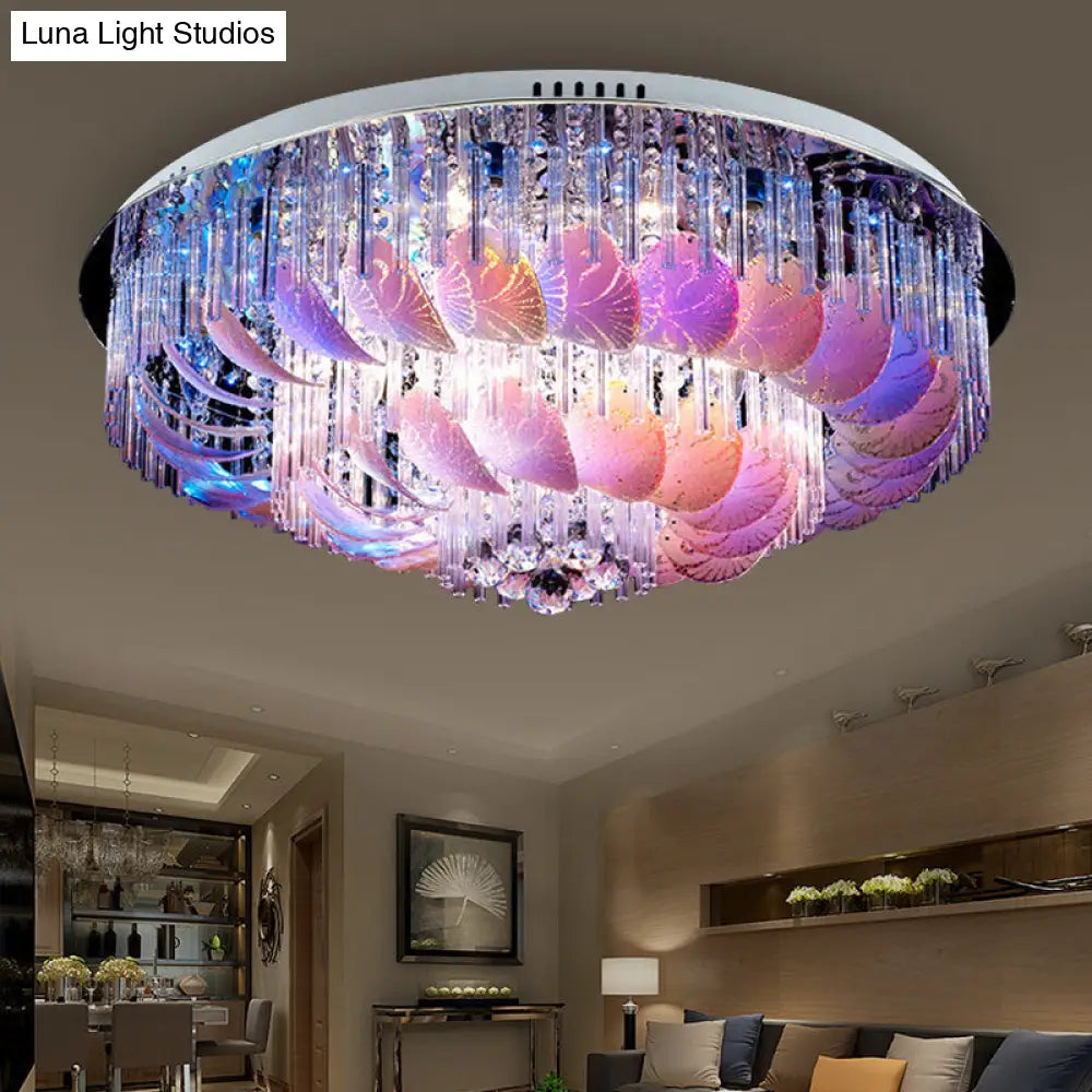 Led Flushmount Clear Crystal Circle Light Fixture - Modern 19.5/23.5/31.5 W With Leaf Glass