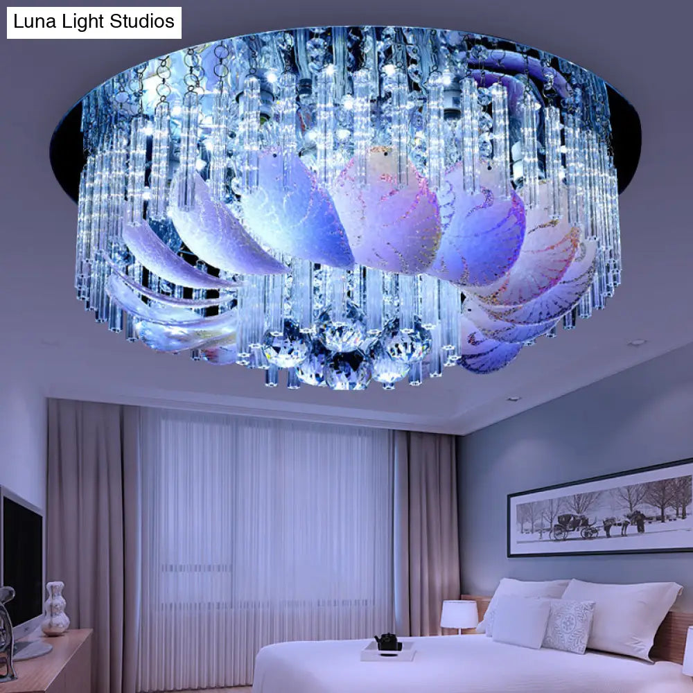Led Flushmount Clear Crystal Circle Light Fixture - Modern 19.5’/23.5’/31.5’ W With Leaf