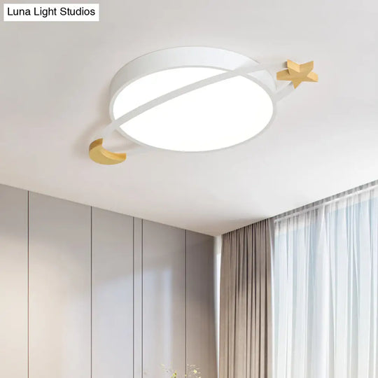 Led Flushmount Light: Ringed Planet Childrens Ceiling Fixture With Wooden Moon And Star Accents