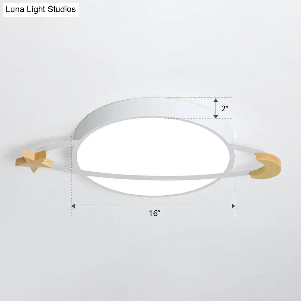 Led Flushmount Light: Ringed Planet Childrens Ceiling Fixture With Wooden Moon And Star Accents