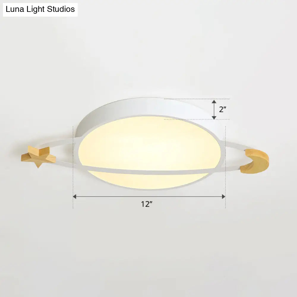 Led Flushmount Light: Ringed Planet Childrens Ceiling Fixture With Wooden Moon And Star Accents