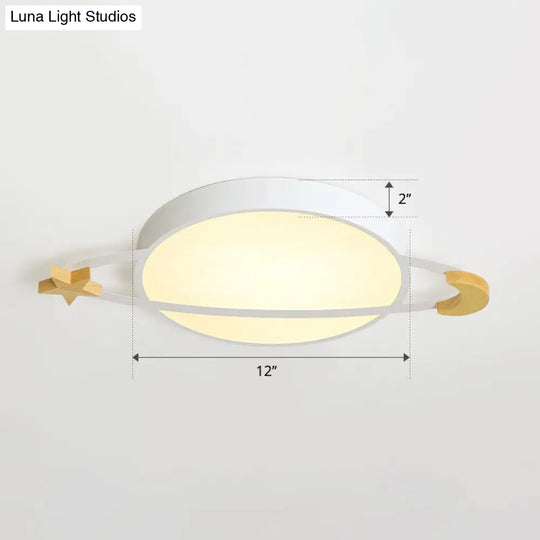 Led Flushmount Light: Ringed Planet Childrens Ceiling Fixture With Wooden Moon And Star Accents