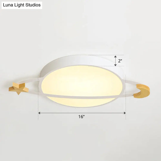 Led Flushmount Light: Ringed Planet Childrens Ceiling Fixture With Wooden Moon And Star Accents