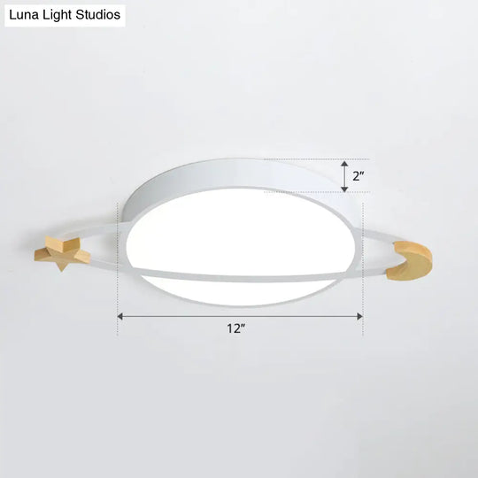 Led Flushmount Light: Ringed Planet Childrens Ceiling Fixture With Wooden Moon And Star Accents