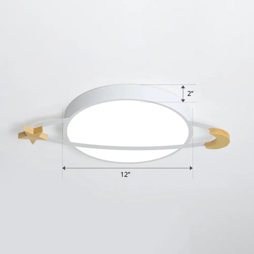 Led Flushmount Light: Ringed Planet Children’s Ceiling Fixture With Wooden Moon And Star Accents