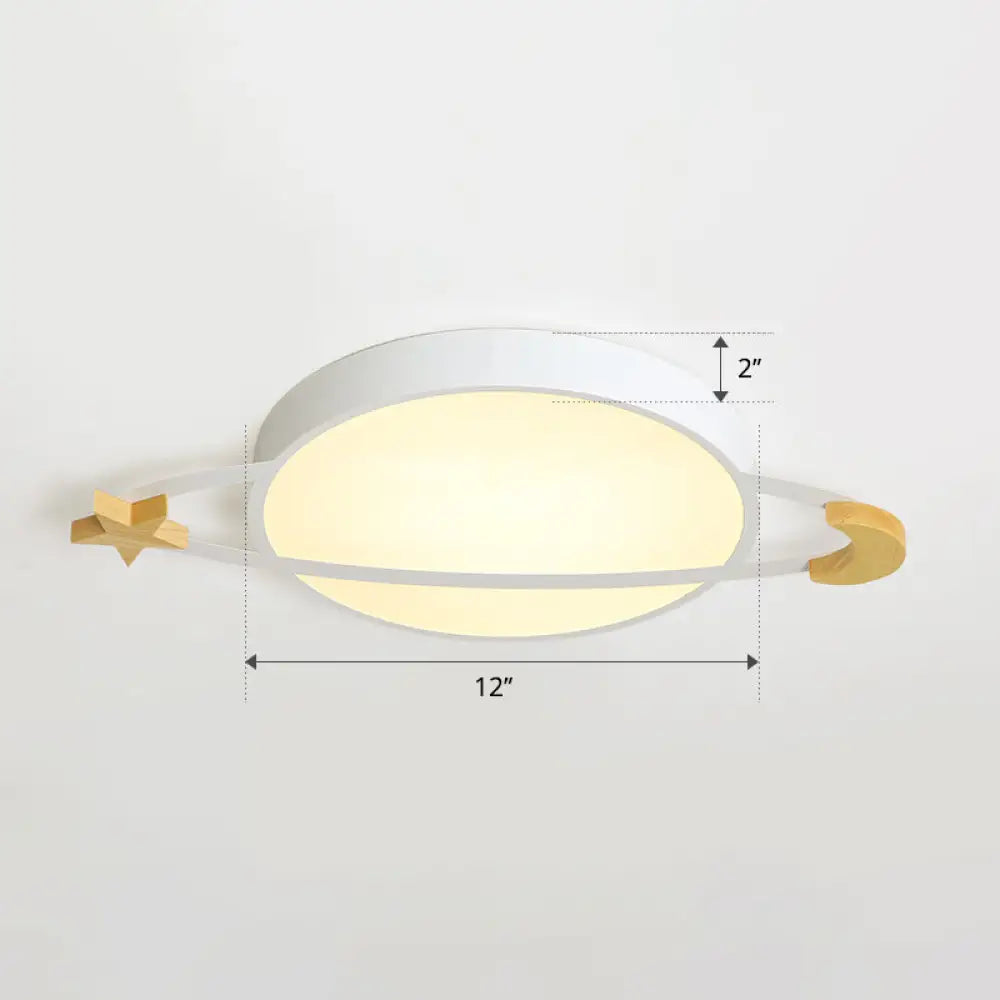 Led Flushmount Light: Ringed Planet Children’s Ceiling Fixture With Wooden Moon And Star Accents