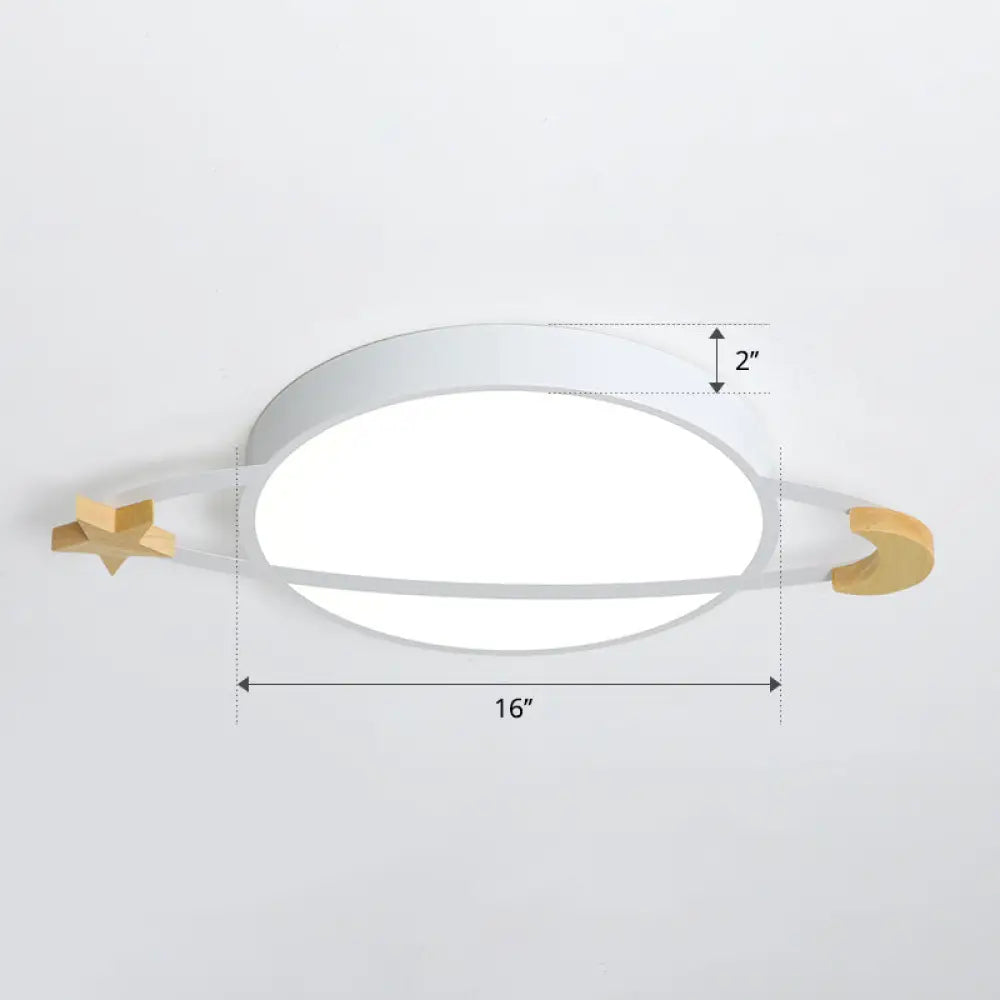 Led Flushmount Light: Ringed Planet Children’s Ceiling Fixture With Wooden Moon And Star Accents