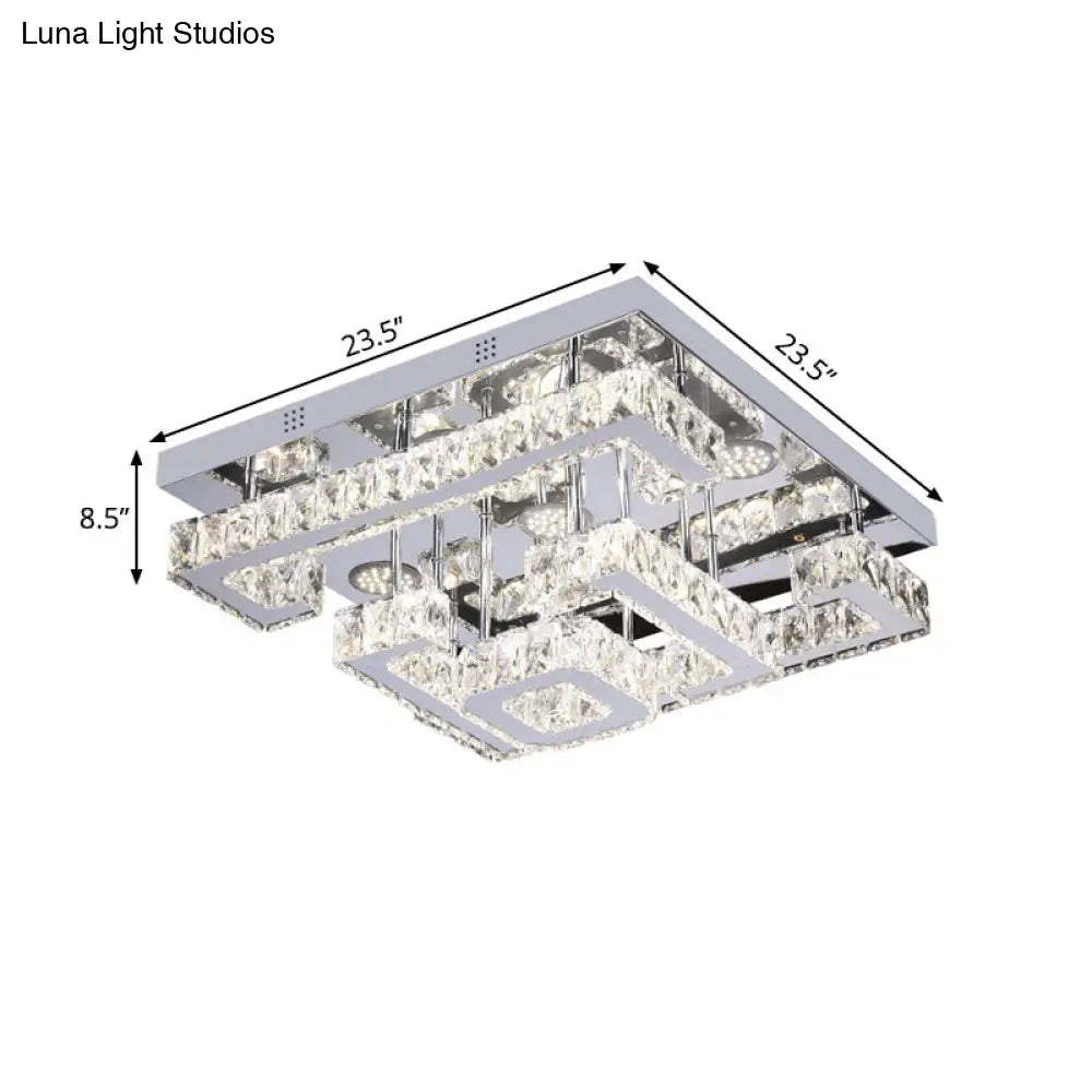 Led Guest Room Ceiling Lamp - Minimalist Chrome Semi Flush With Tiered Square Crystal Shade