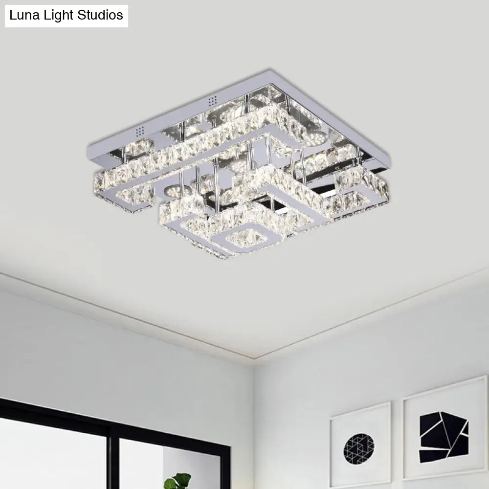 Led Guest Room Ceiling Lamp - Minimalist Chrome Semi Flush With Tiered Square Crystal Shade / Remote