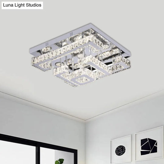 Led Guest Room Ceiling Lamp - Minimalist Chrome Semi Flush With Tiered Square Crystal Shade / Remote
