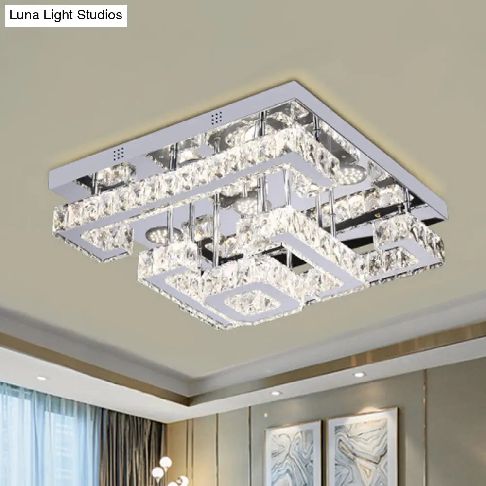 Led Guest Room Ceiling Lamp - Minimalist Chrome Semi Flush With Tiered Square Crystal Shade