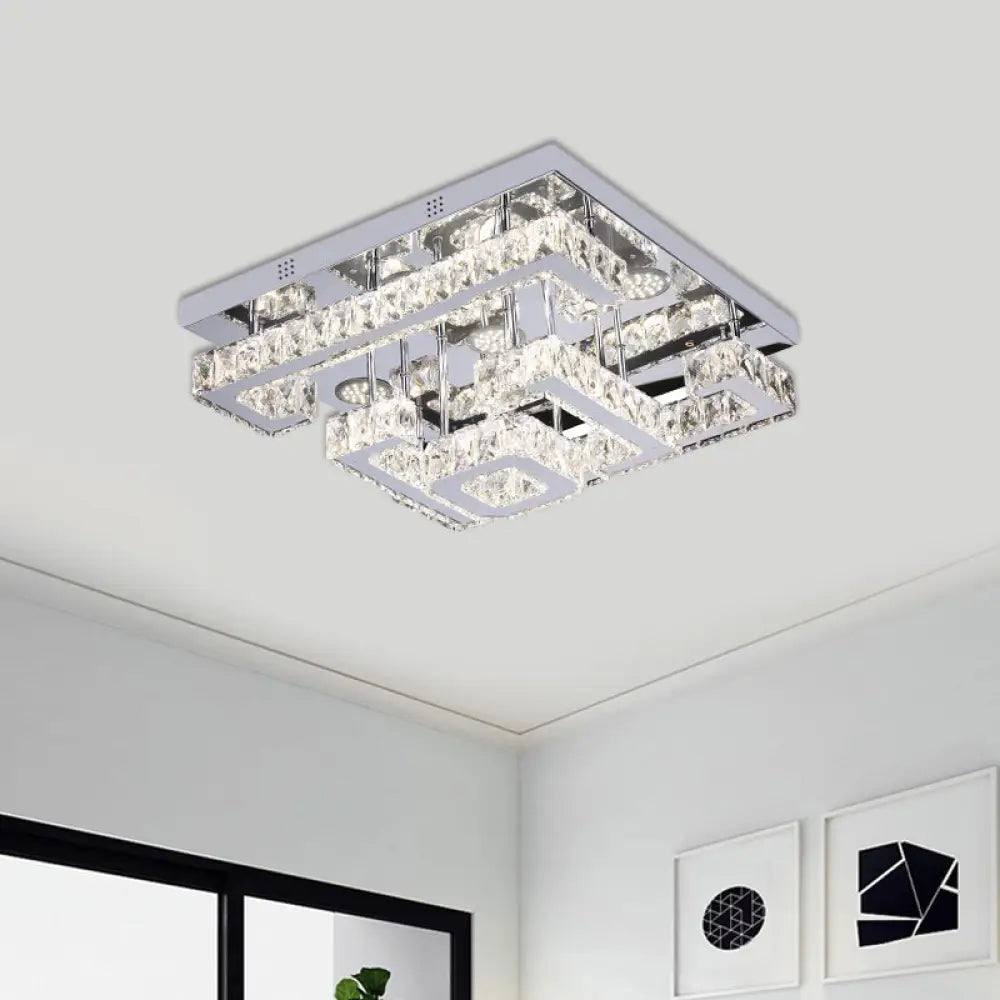 Led Guest Room Ceiling Lamp - Minimalist Chrome Semi Flush With Tiered Square Crystal Shade /