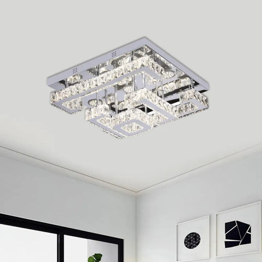 Led Guest Room Ceiling Lamp - Minimalist Chrome Semi Flush With Tiered Square Crystal Shade /