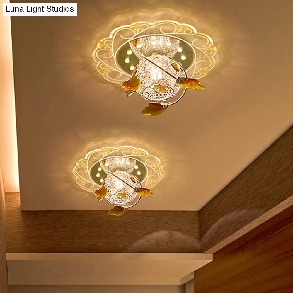 Led Hallway Flush Ceiling Light - Simplicity White Scalloped Lighting Fixture With Metal Globe Shade